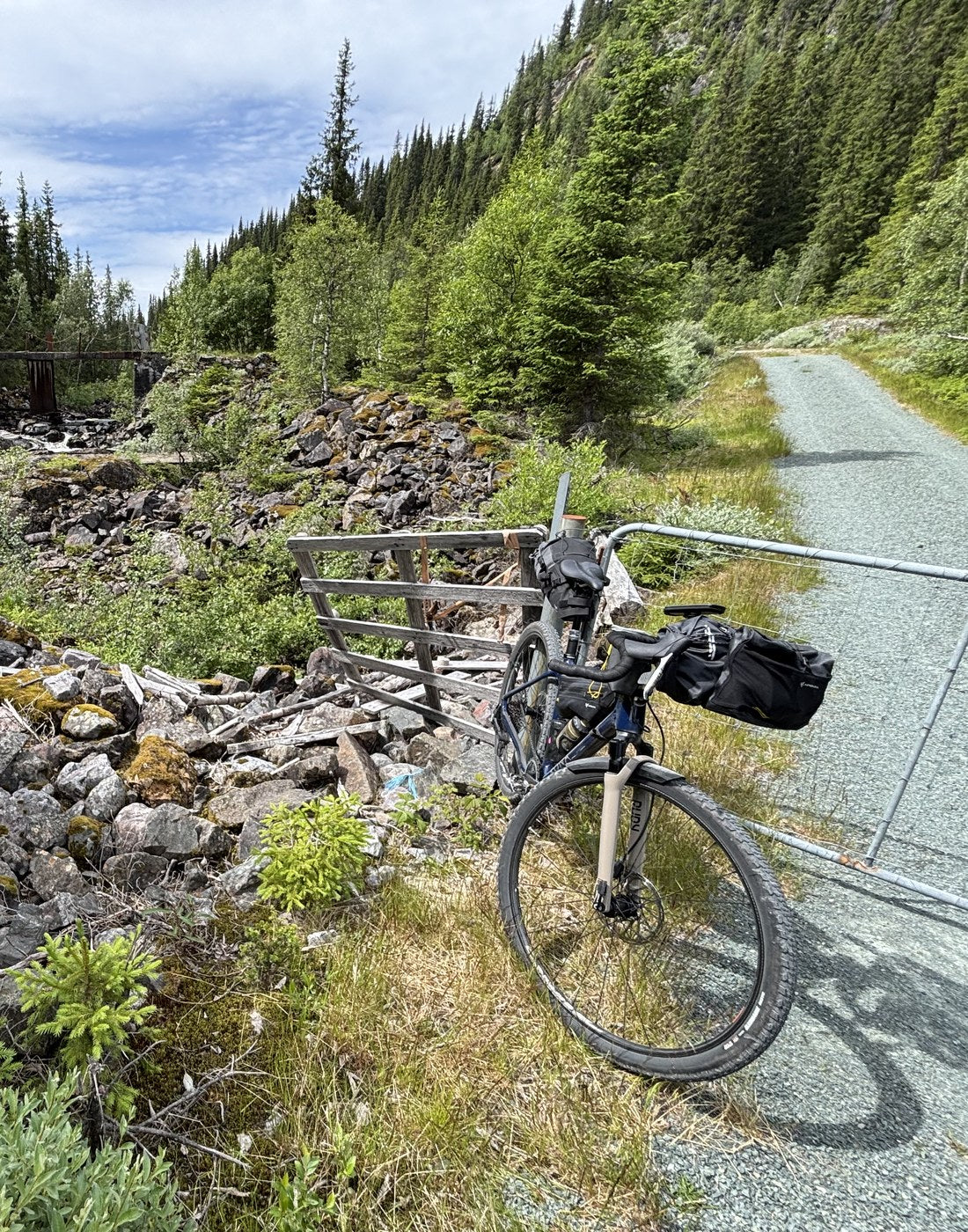 Turcykel med bikepacking-tasker holder på en grusvej i en skovklædt fjelddal